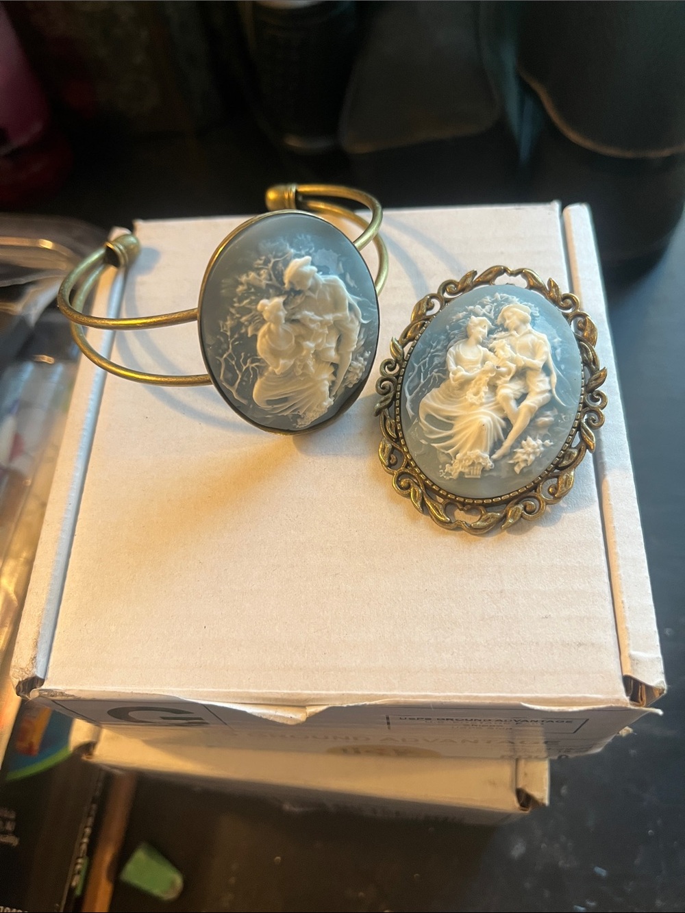 Vintage Style Blue Cameo Bracelet and Brooch Set